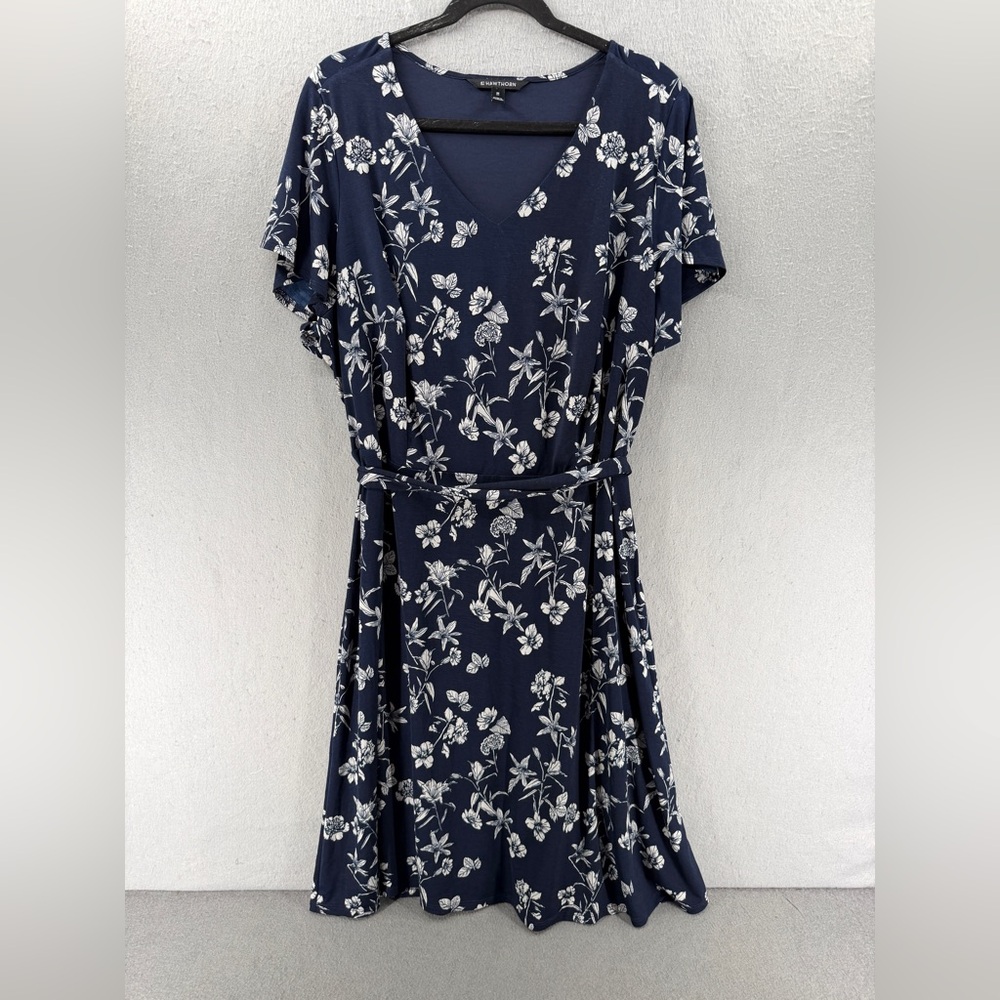 41 Hawthron Dress Womens 2X Navy White Flutter Sleeve Botanical Garden Office